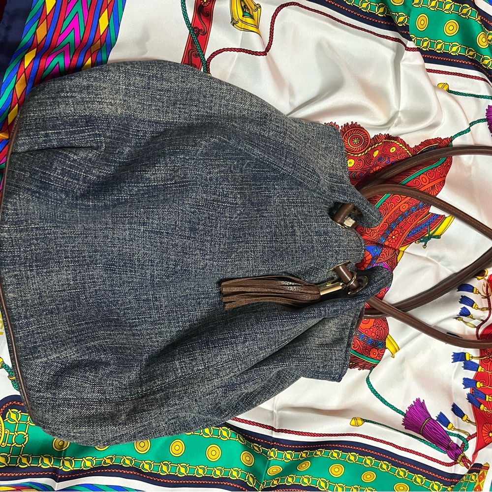 Michael Kors Brown Strap Black Denim Tasseled Shoulder Bag